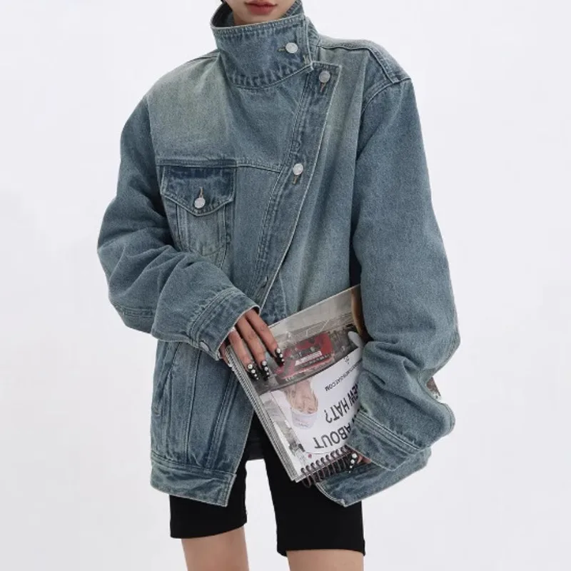ANJY Jesień Nowa Damska High Street Vintage Y2K Koreańska Codzienna Sprana Oryginalna Asymetryczna Kieszeń Jednorzędowa Kurtka Jeansowa A7321