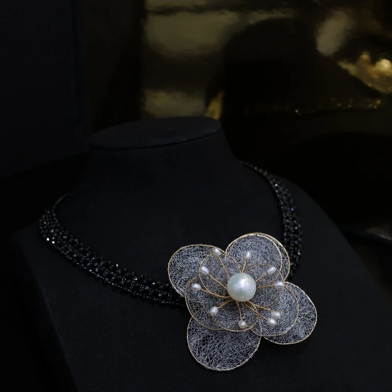 

SGARIT New DIY Weaving Black Necklace 14k Filled Gold Necklace Natural Freshwater Pearl Jewelry For Women