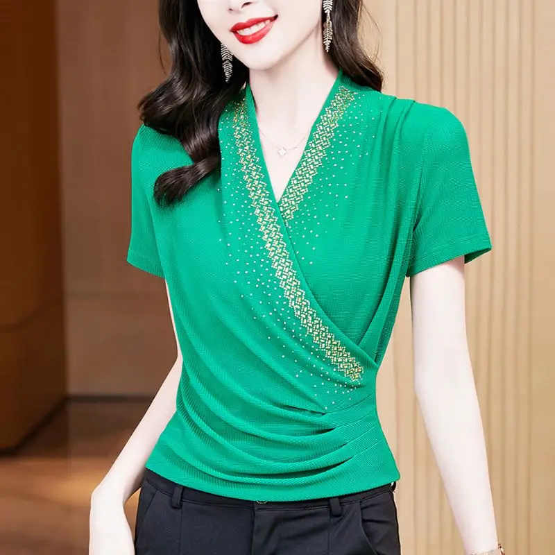 Elegant V-Neck Folds Gauze Diamonds Blouse Women's Clothing 2023 Summer New Oversized Casual Pullovers Loose Office Lady Shirt