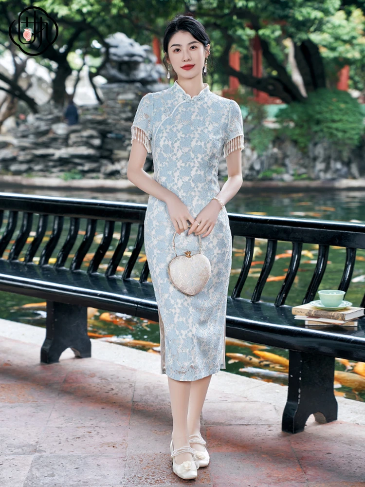 

Новинка: Летнее платье с кружевной отделкой, винтажное, с круглым вырезом, низким разрезом, для повседневной носки