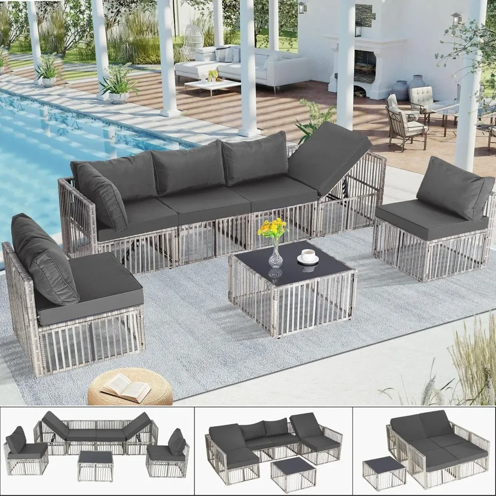 

7 Pieces, Wicker Outdoor Sectional Conversation Couch with Adjustable Backrest Sofa, Garden Furniture Sets