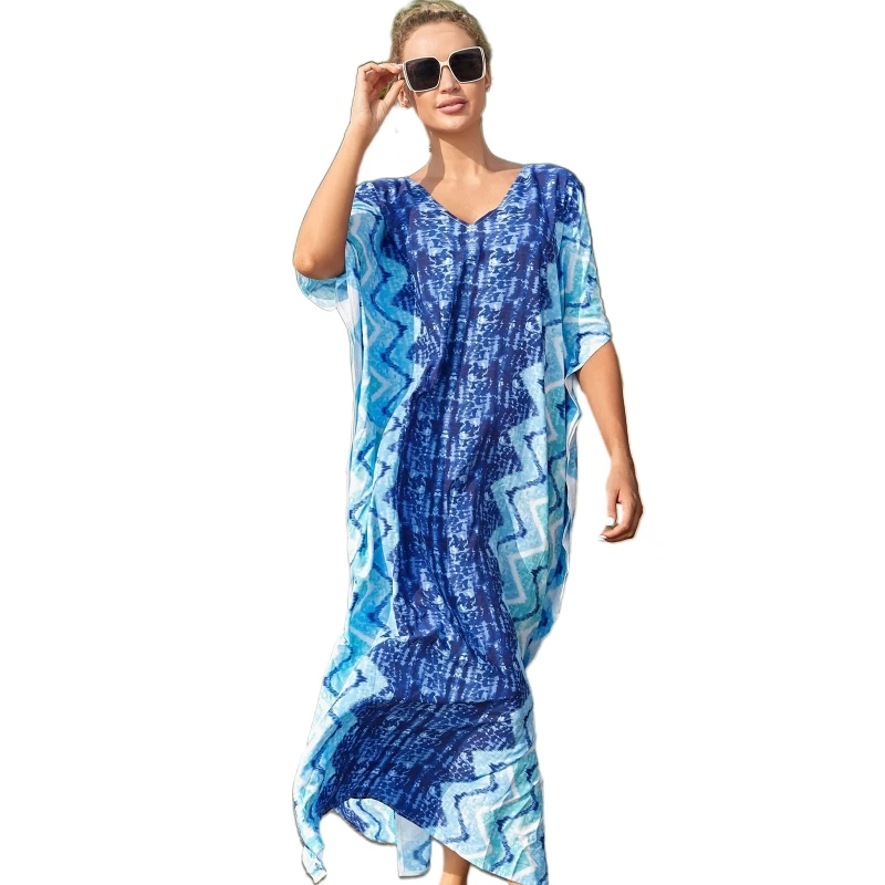 ผู้หญิงเซ็กซี่Vคอชุดว่ายน้ำBatwing SleeveชุดCoverup Beach Maxi Dress