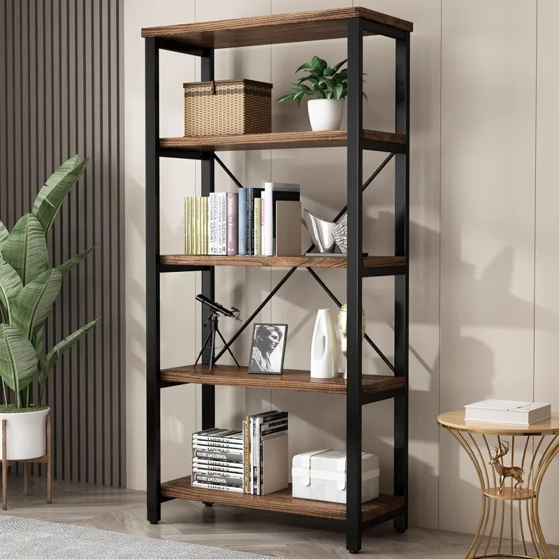 5Tier Industrial Solid Wood Bookshelf,Open Bookcase Metal Frame,Vintage Industrial Style Bookcase/Metal Wood Bookshelf Furniture