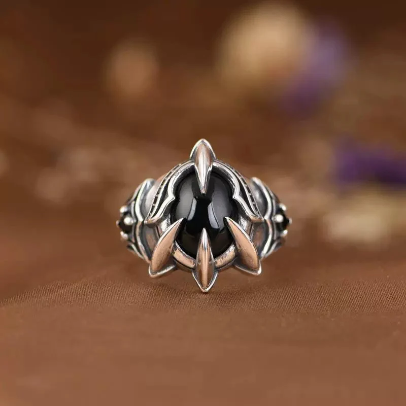 Thai Silver Ring Retro Trendy Eagle Claw Zircon Index Finger Jewelry Versatile Open Rings for Men and Women KOFSAC