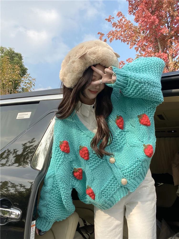 Autumn and Winter Sweater Women's Cardigan Tide New Women's Fashion V-neck Strawberry Sweet Cute Knitwear Plus Size Coat