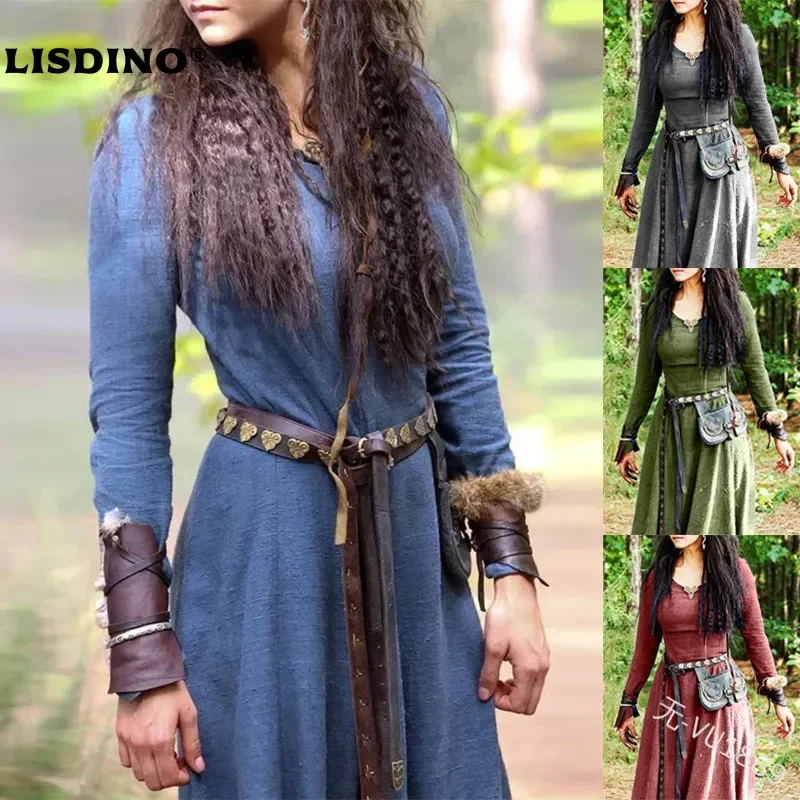 

1Medieval Dress Women Long Sleeve Maxi Robe Vintage Fairy Elven Dress Renaissance Celtic Viking Gothic cosplay costumes