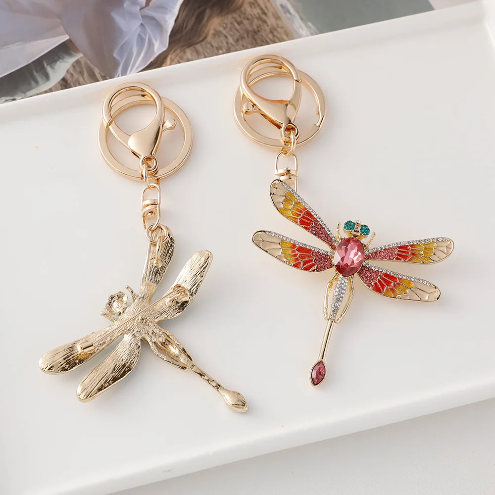 European American fashion color rhinestone dragonfly keychain insect creative bag hanging exquisite gift car decoration pendant