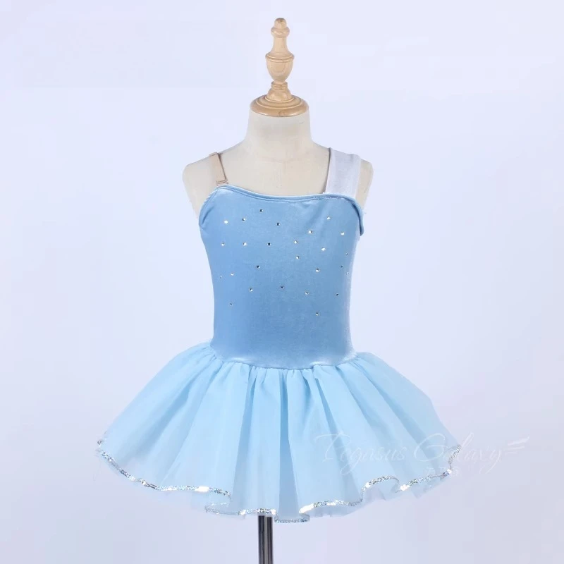 Vestido tutu de balé para meninas, bainha com lantejoulas, vestidos de veludo azul, suspensórios para crianças, strass, performance de palco de balé, roupa de dança