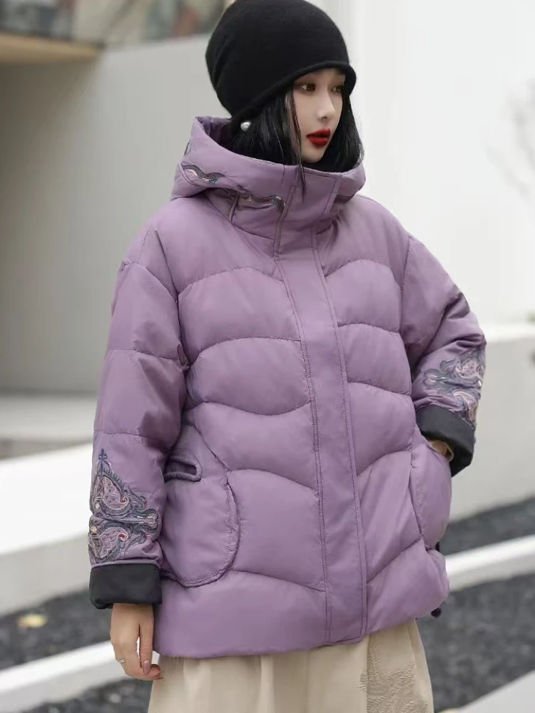 Chaqueta de plumón para mujer, Parkas informales holgadas y cálidas de gran tamaño con capucha y empalme de longitud media, prendas de vestir de invierno, abrigo acolchado de pato blanco 90, novedad de 2025