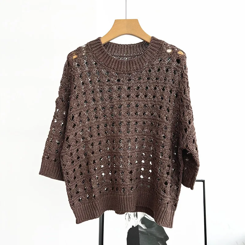 

Summer New Women'S Knitted Sweater Pullover Round Neck Raglan Short Sleeve Solid Color Hollow Loose Linen And Cotton Blended Top