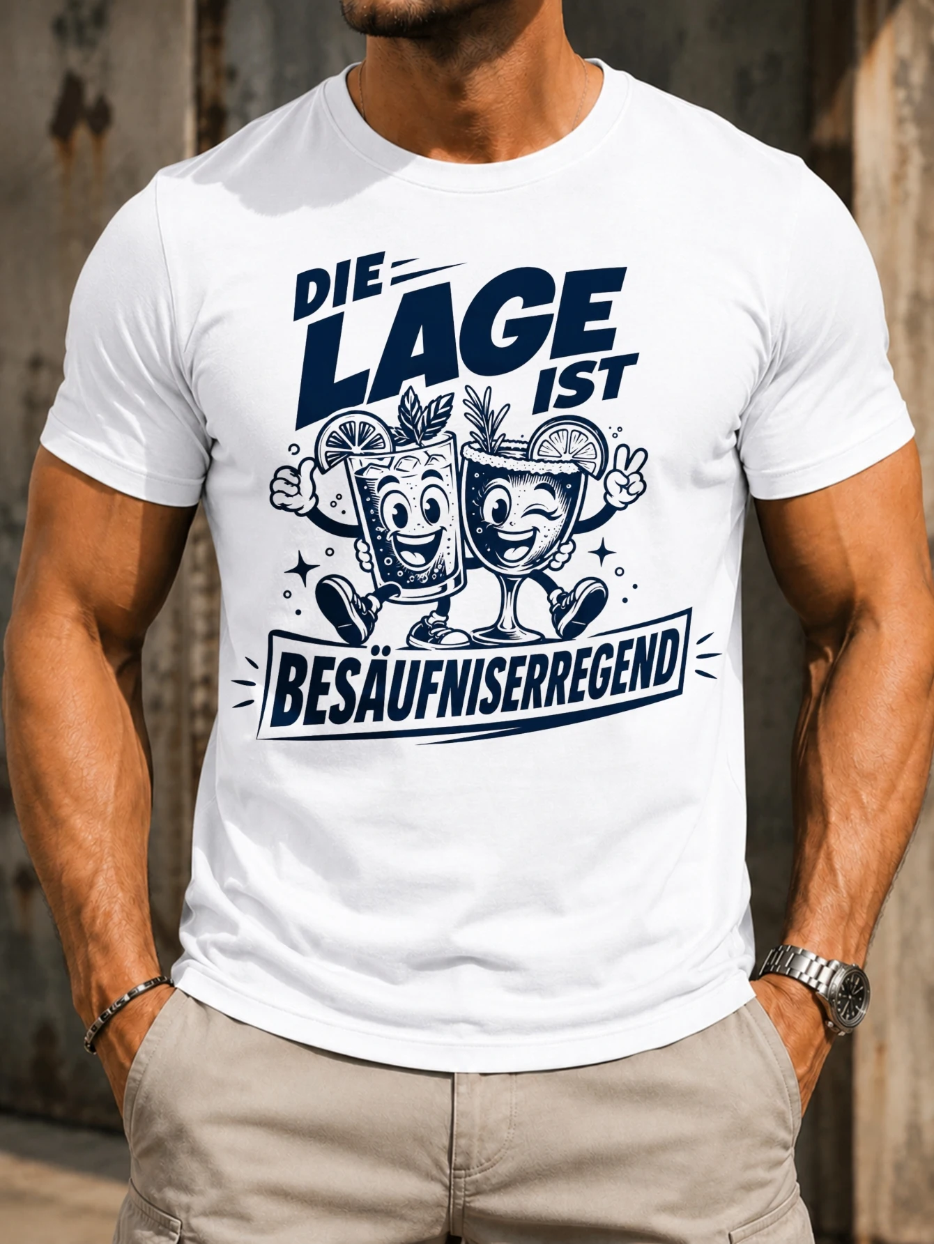 Die Lage Ist Besaufniserregend Jumping Cocktail Characters Bold Navy German Humor Party Graphic  Unisex All T-Shirt