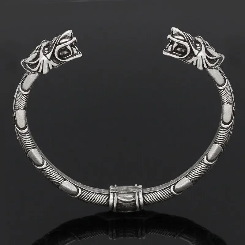 

Vintage Norse Viking Arm Ring Fenrir Wolf Head Stainless Steel Cuff Men's for Bangle Bracelets