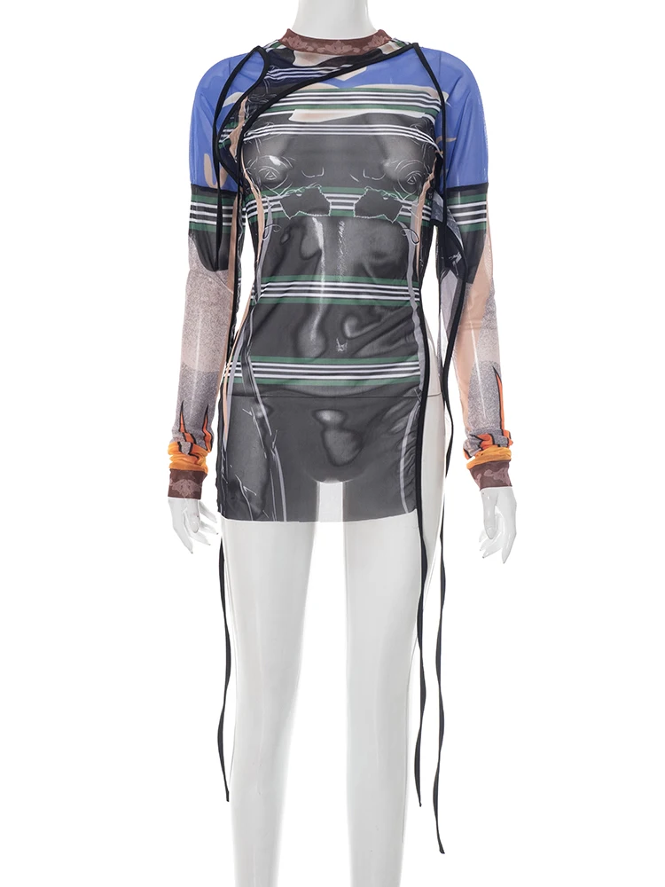 غريب سنور مثير غير النظامية تي شيرت المرأة انظر من خلال كم كامل سبليت الشريط Coquette منتصف الليل كلوبوير البرية تمتد طويل تيز