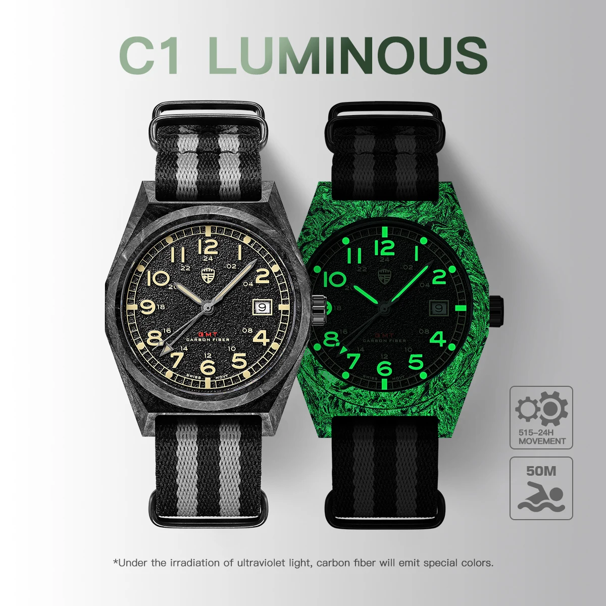 GMT Carbon Fiber Men's Watch 39mm Swiss Ronda 515‑24H Quartz Movement C1 Luminous Sapphire Crystal 50M Waterproof Dual Time Zone