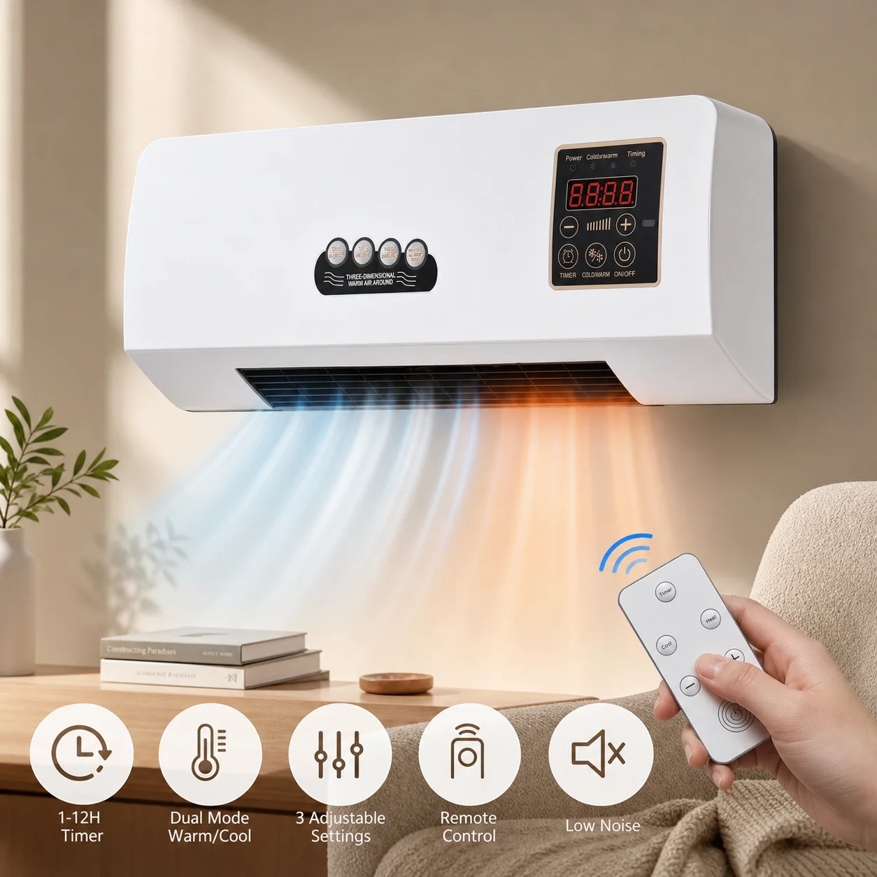 Wall Mount Ductless Air Conditioner, 2-in-1 Heater and Cooling Combo, Smart Room AC Unit, Wall-Mounted Ductless Air Conditioner, Smart Room AC Unit with Remote Timer (White)