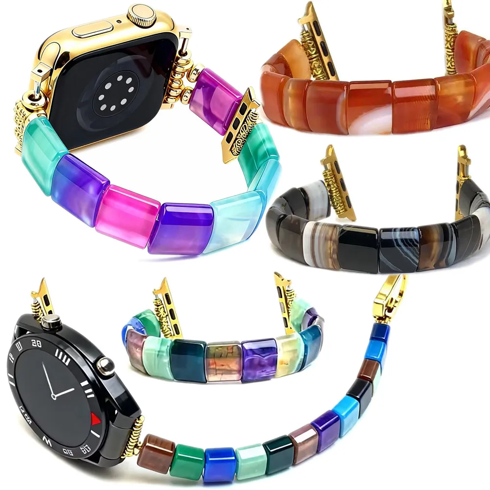 Beaded Natural Stone Watch Band Agate Smart Watch Strap Turquoise Gifts Bracelet Stretchy Accessories 38mm 40/41/42/44/45/46mm
