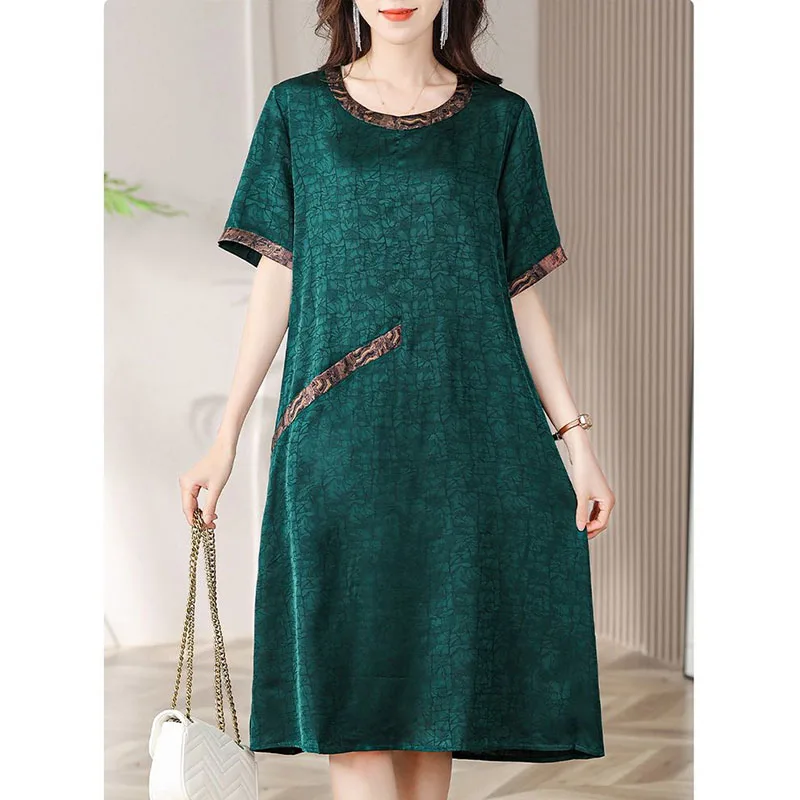 

Elegant O-Neck Short Sleeve Spliced Pockets Vintage Dress Women's Clothing Summer New Loose Office Lady Ladies Dresses