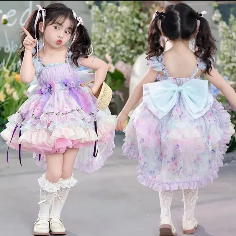 

Summer Backless Lolita Ball Gown Embroidery Floral Dress Girls Kids Sets Princess Dress Birthday Party Childrens Gauze Clothing