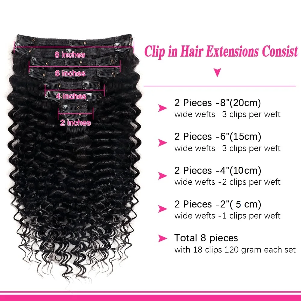 Extensions brésiliennes à clipser pour femmes, cheveux humains naturels, vague profonde, facile à utiliser, pinces à cheveux, tête complète