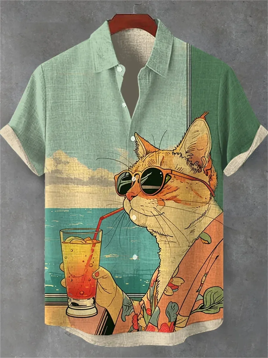 2025 New 3D Digital Printed Animal Pattern Men's Casual Hawaiian Shirt Cool Short Sleeve Cardigan Men's Street Casual Wear