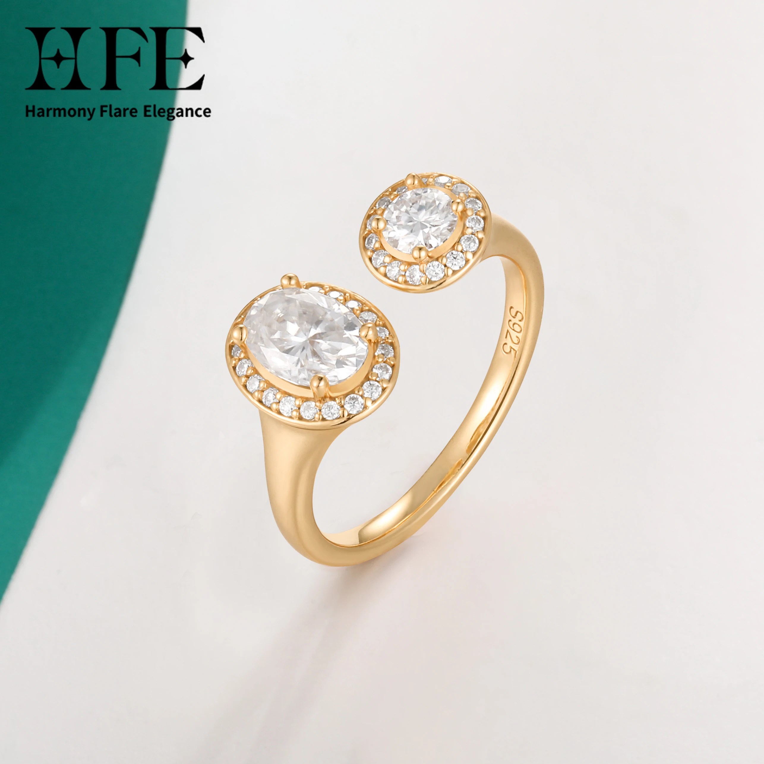 HFE بيضاوي الشكل مويسانيتي حلقة مفتوحة الوزن الإجمالي 1.4 قيراط 925 فضة قابل للتعديل المرأة الفاخرة الماس خاتم الحفلات