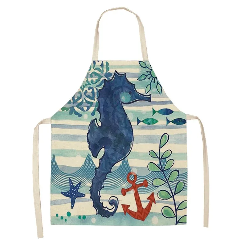 Marine Animals Printed Kitchen Chef Aprons for Women Kids Sleeveless Cotton Linen Bibs Cooking Baking Cleaning Tools 55x68cm