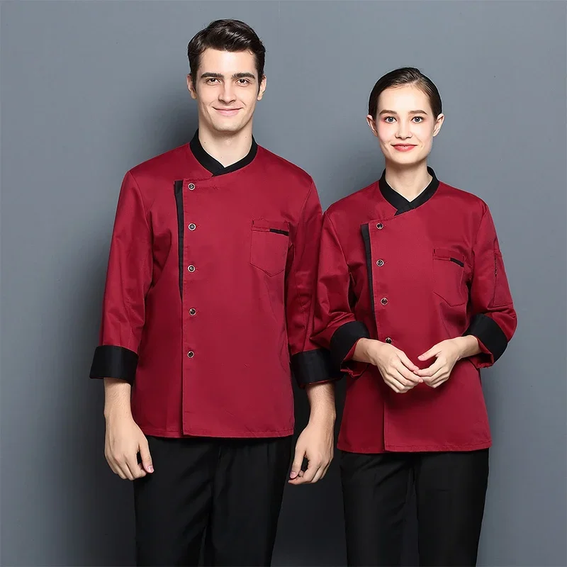 Jaqueta de restaurante do chef de cozinha de manga comprida, casaco de cozinhar masculino e feminino, uniforme de padaria de hotel