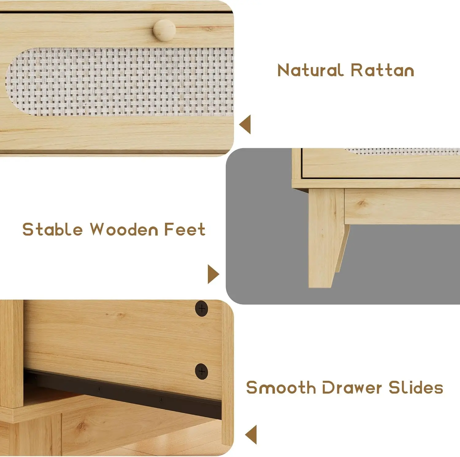 Cassettiera grande con 3 cassetti portaoggetti in rattan per camera da letto, cassettiera moderna naturale con kit antiribaltamento in legno, cabina portaoggetti in rattan