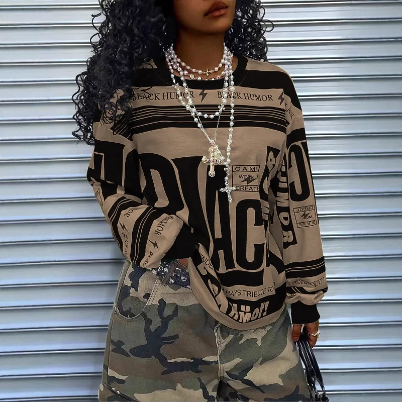 Damen Retro Sport Trend Stil Damen Langarm Sweatshirt Buchstaben Positionierung Druck Lose Pullover