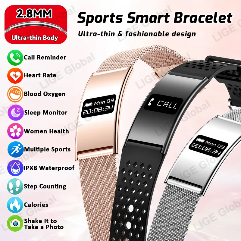 

LIGE New Ultra-thin Sports Smart Bracelet Men Women Fitness Band Stress Test HRV Health Monitor Pedometer Watch For Android iOS