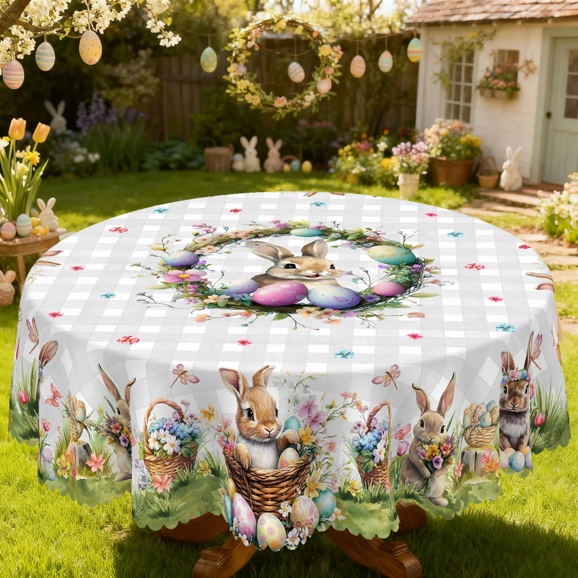 

1 Piece of Easter-Themed Round and Rectangular Tablecloth, Available in Various Sizes, with Fresh Floral Clusters Forming a Spring Wreath, Paired with a Soft and Cute Bunny and Egg Print Round Tablecloth, Embossed Edge Craftsmanship, Easter Home Decoratio