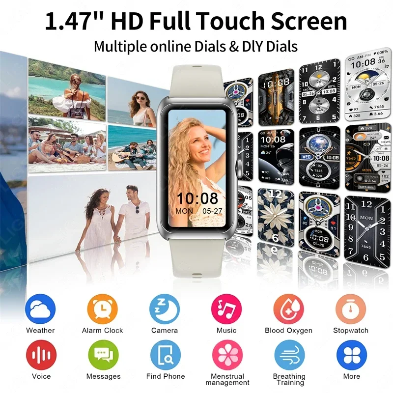 2025 جهاز تعقب للياقة البدنية الساعات للنساء الرجال مع مراقب معدل ضربات القلب النوم المقتفي IP68 مقاوم للماء عداد الخطى 1.47 "ساعة ذكية رجل