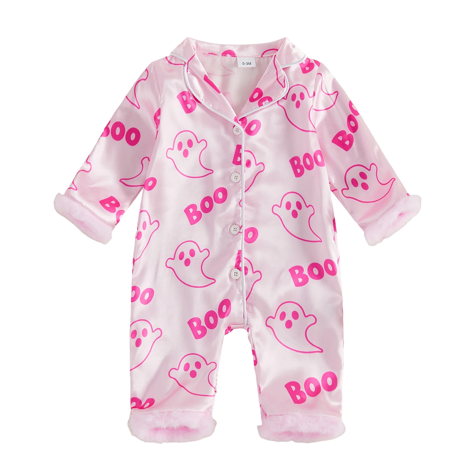 Halloween Baby Girls Pajamas, Long Sleeve Ghost Letters Print Furry Patchwork Button Closure Jumpsuit Sleepwear Loungewear