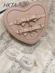 Japanese Style Liz Bag Mine Lolita Love Rhinestone Bow Crossbody Handbag Women Girls Sweet Heart Shaped Pink Pu Shoulder Bag