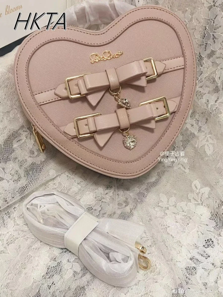 Japońska torba Liz Mine Lolita Love Rhinestone Bow Crossbody Handbag Women Girls Sweet Heart Shaped Pink Pu Shoulder Bag