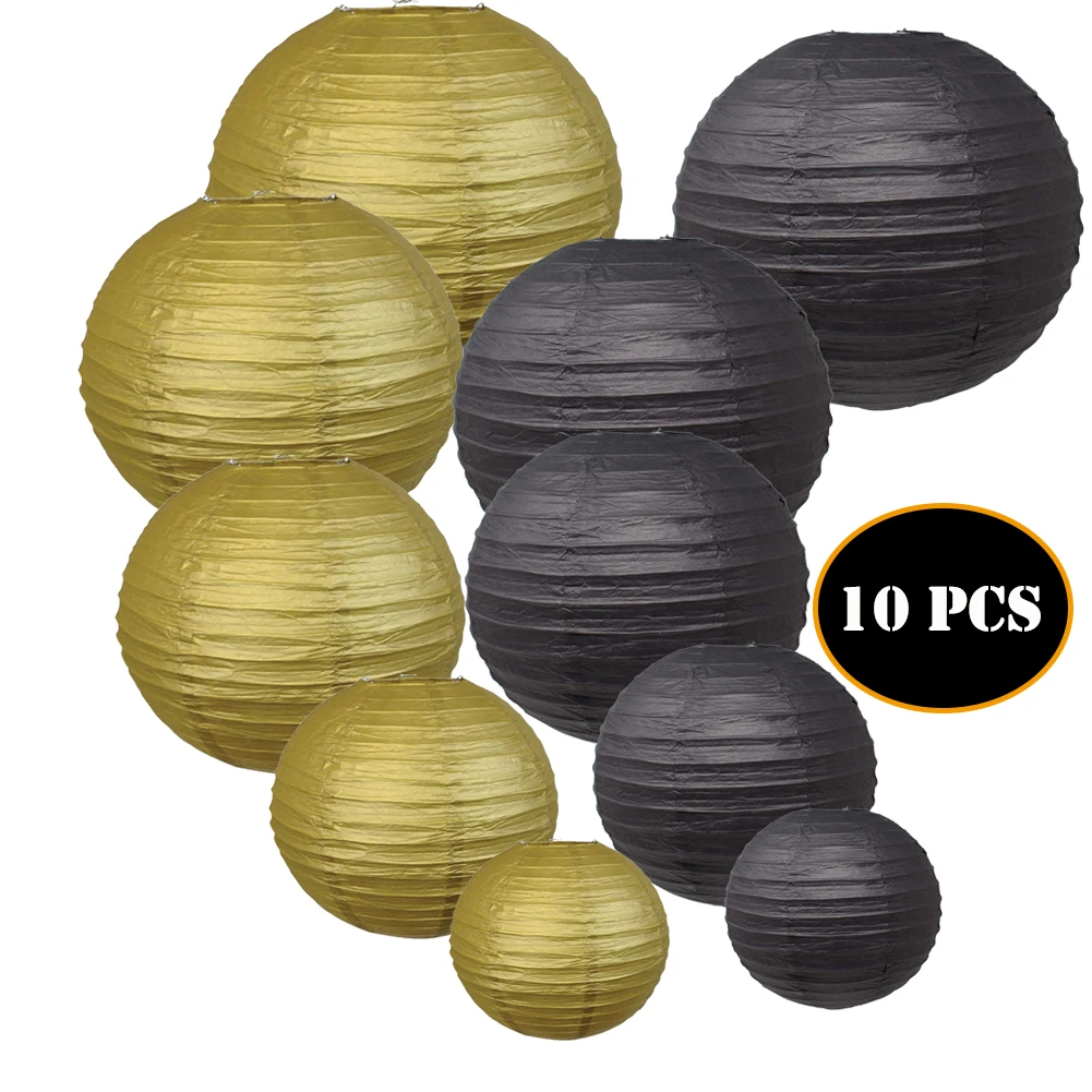 10 Pcs Godl and Black Paper Lanterns,Size of 6”, 8”, 10”, 12”,14