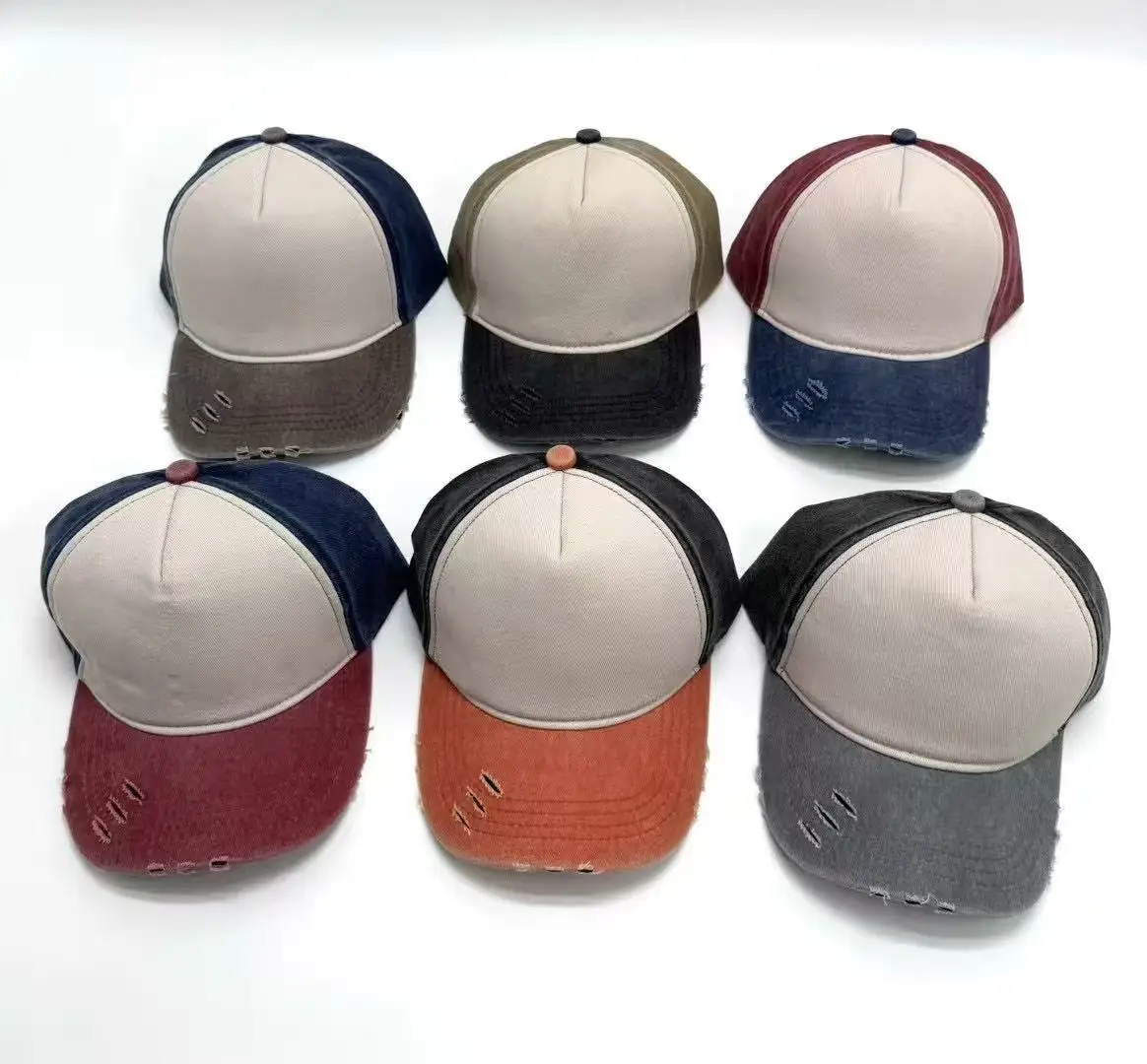 Customized Printed Logo Retro Break Hole Baseball Hat Truck Driver Cap Splicing Contrasting Color All Duck Tongue Hats