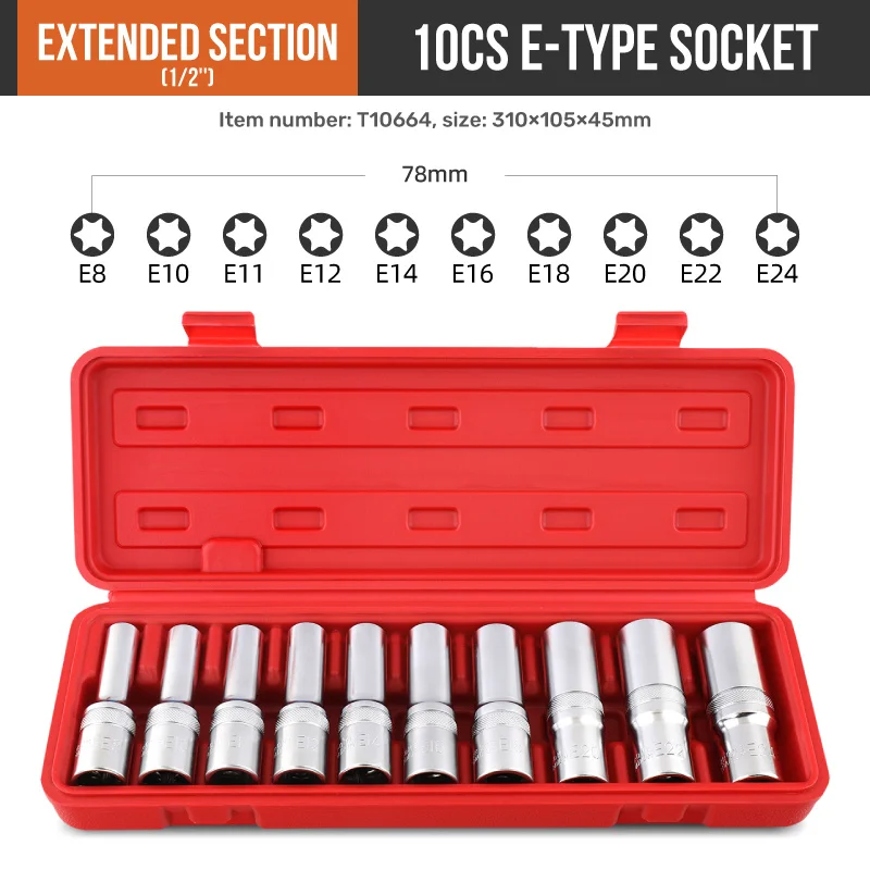 

Hi-Spec E-type Torx Star Wrench Socket Head E10-24 Torx Star Bit Female Socket Repair Tool set for Torque Spanner Ratchet in Box