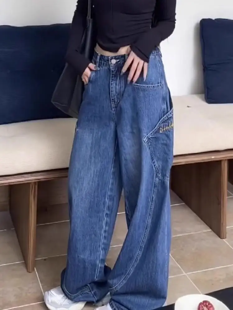 American Style Vintage Wide Leg Jeans Women's High Waist Loose Fitting Floor Length Pants Spring Autumn Small Size Korean Ver...