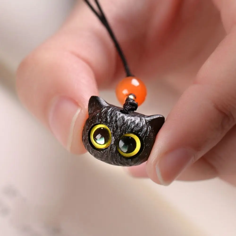 LLavero de gato negro de ébano para decoración de teléfono móvil, cadena tejida a mano, accesorios creativos, regalos de madera de sándalo, 1 unidad