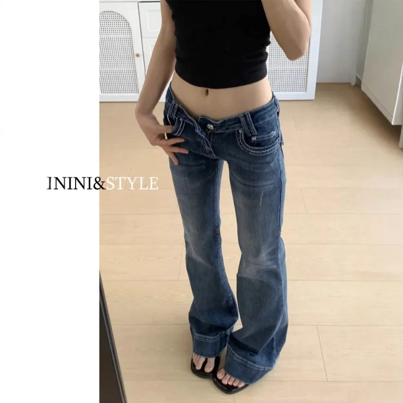 

2026 New Streetwear American Vintage Bell Bottom Jeans Women's Low Waist Elastic Slim Fit Casual Long High Waist Wide Leg PantS