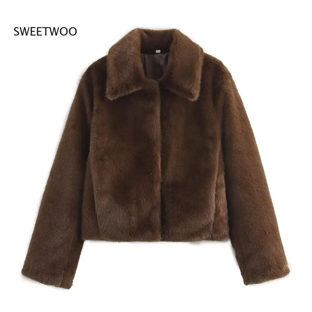 

Womens Brown Loose Lapel Jacket Button Embellished Long Sleeved Warm Autumn Winter Outerwear