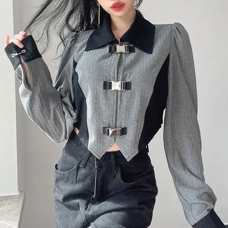 Autumn New Women Tops Design Color Collision Lapel Metal Schoolbag Button Puff Sleeve T-Shirt Slim Thin Short Blouse Female