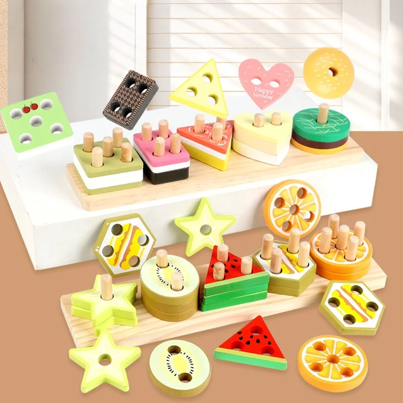 Children's Wooden Category Stack Toy Education Color Shape Classification Puzzle Toys Montessori Fruit Food Game