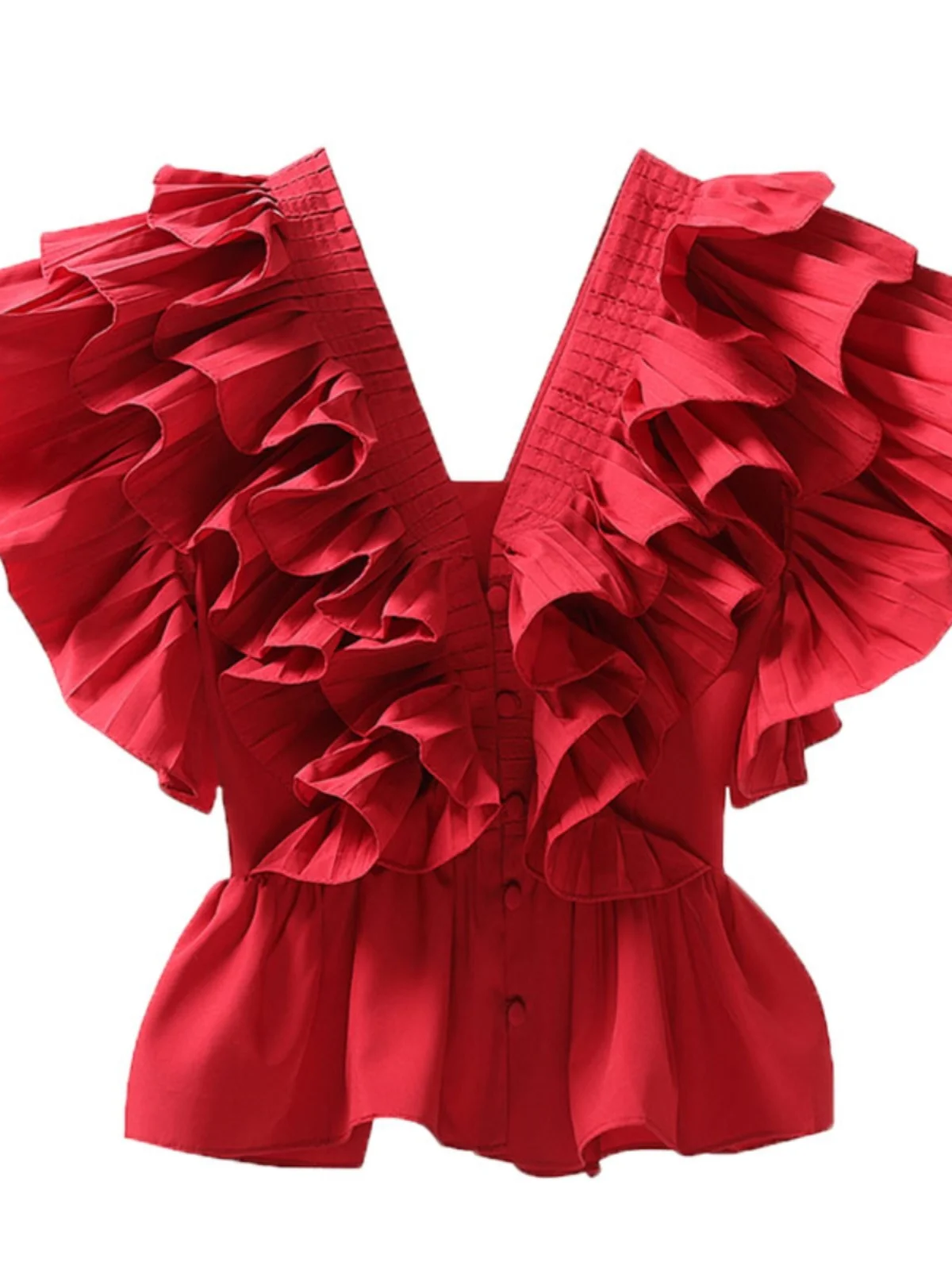 

Red V-ne irt Women's Summer New Waist-cinching Design Sensation Gored Ele Top Polyester Sweet Sle ort S...