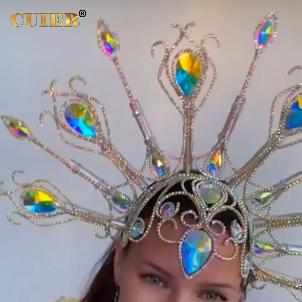 CUIER Huge Size Peacock Rhinestone Headpiece Hair Jewelry for Women Crystal Hat Accessories for Fashion Show