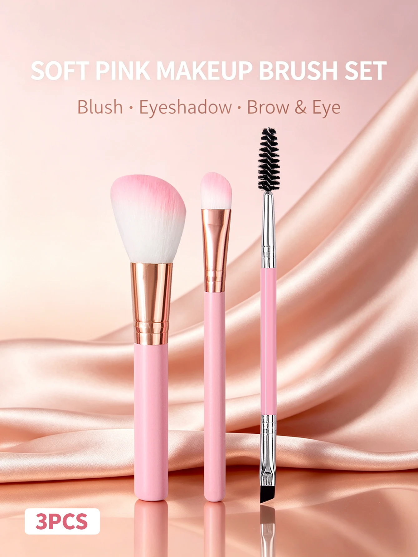 3-piece pink makeup brush set - portable travel set - blush brush, eyeshadow brush, double-ended eyebrow brush, mascara brush