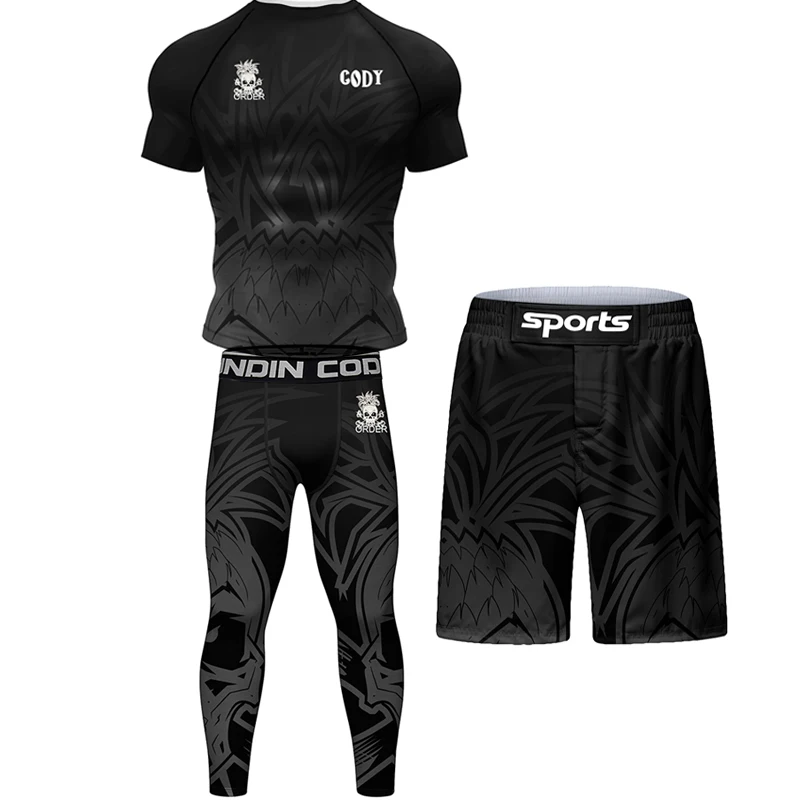 Skull Jiu jitsu Rush Guard MMA Compression T-Shirt+Leggings Sets Bjj Gi Boxing Rashguard Men\'s Grappling Kickboxing Jerseys