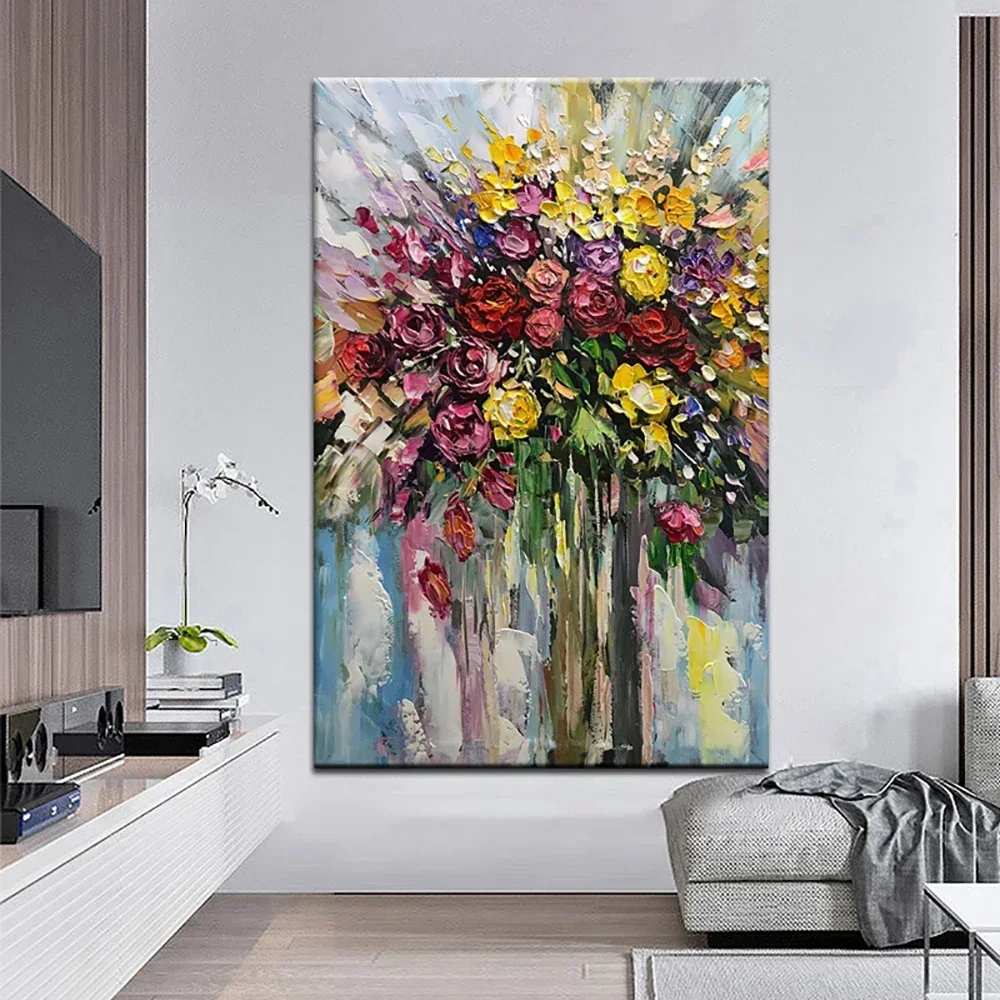 

Hand-Painted Oil Painting on Canvas, Flowers Rose, Abstract Artwork Picture, Home Living Room Wall, Interior Decoration Painting