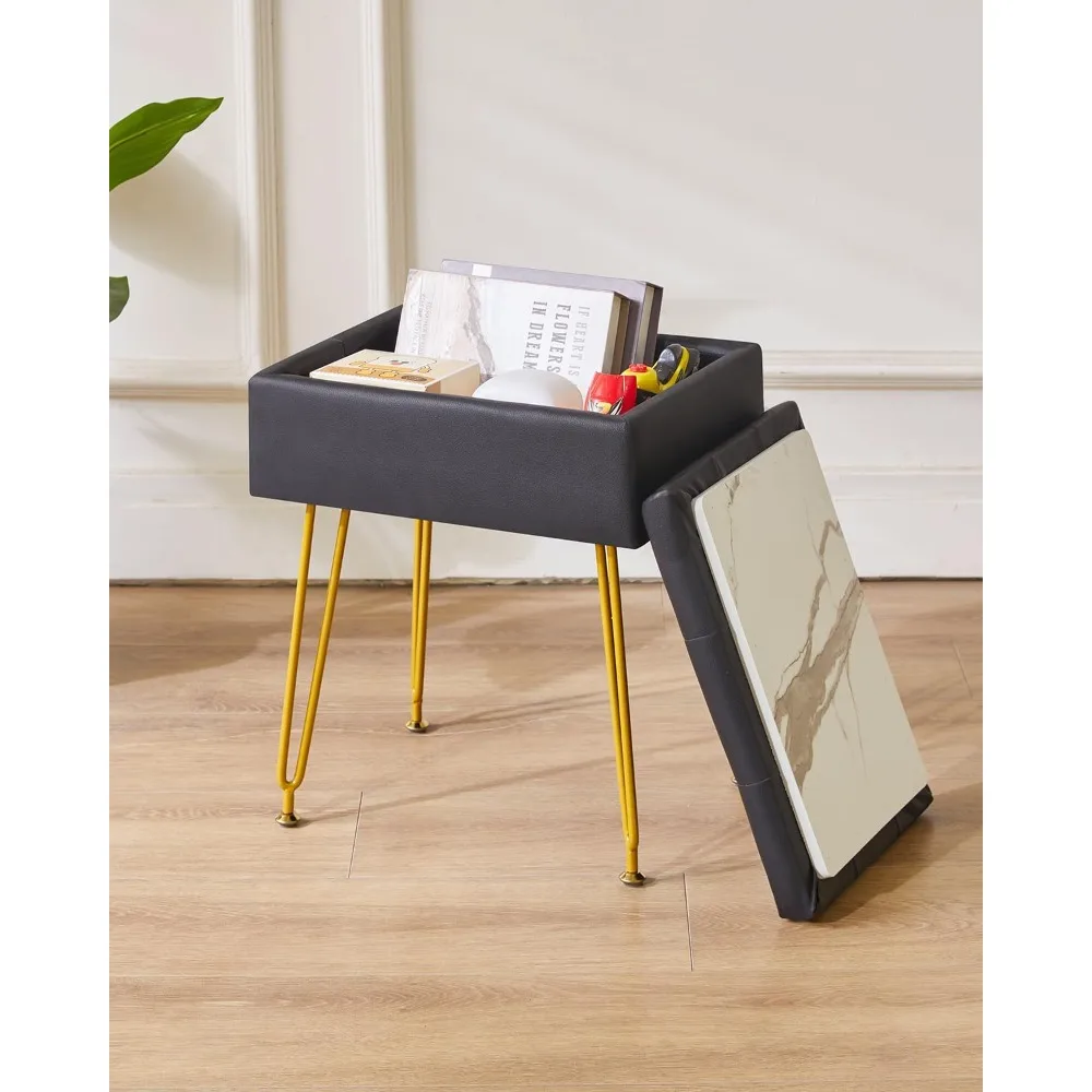 

Multifunctional Storage Vanity Stool with Flip Tabletop, Adjustable Metal Legs & PU Leather - 40x30x48cm Ottoman Footrest